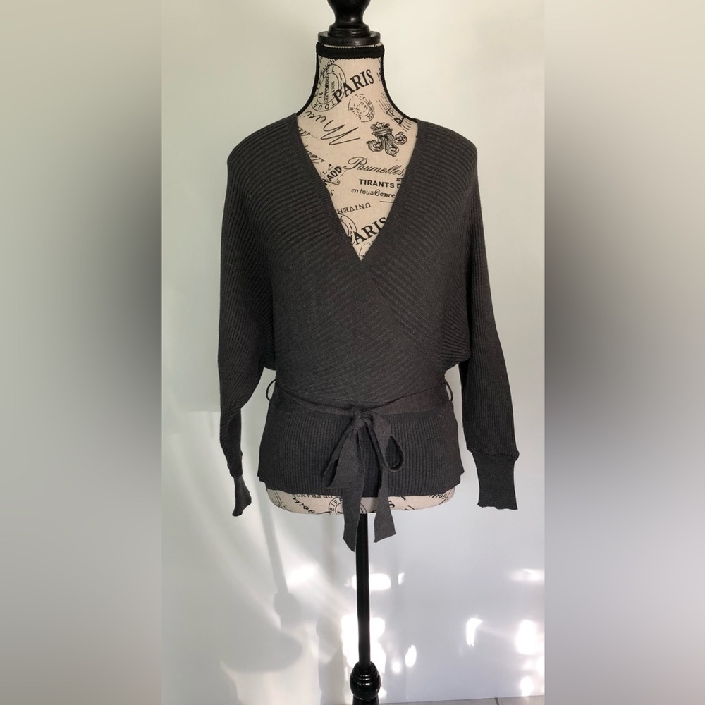 NWOT Studio 94 Sweater charcoal grey large wine wrap around style